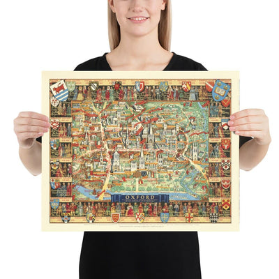 Old Pictorial Map of Oxford by Kerry Lee, 1948 - Pictorial University Colleges, Landmarks - St Catherine's, Keble, All Souls