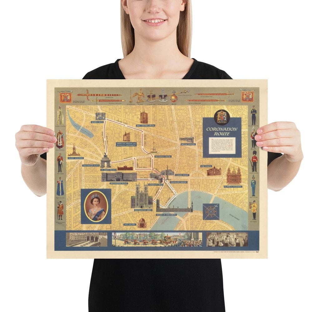 Alter bildlicher Plan der Krönung der Königin in London, 1953 von Crosley - HM Elizabeth II, Royal Familie, Westminster 