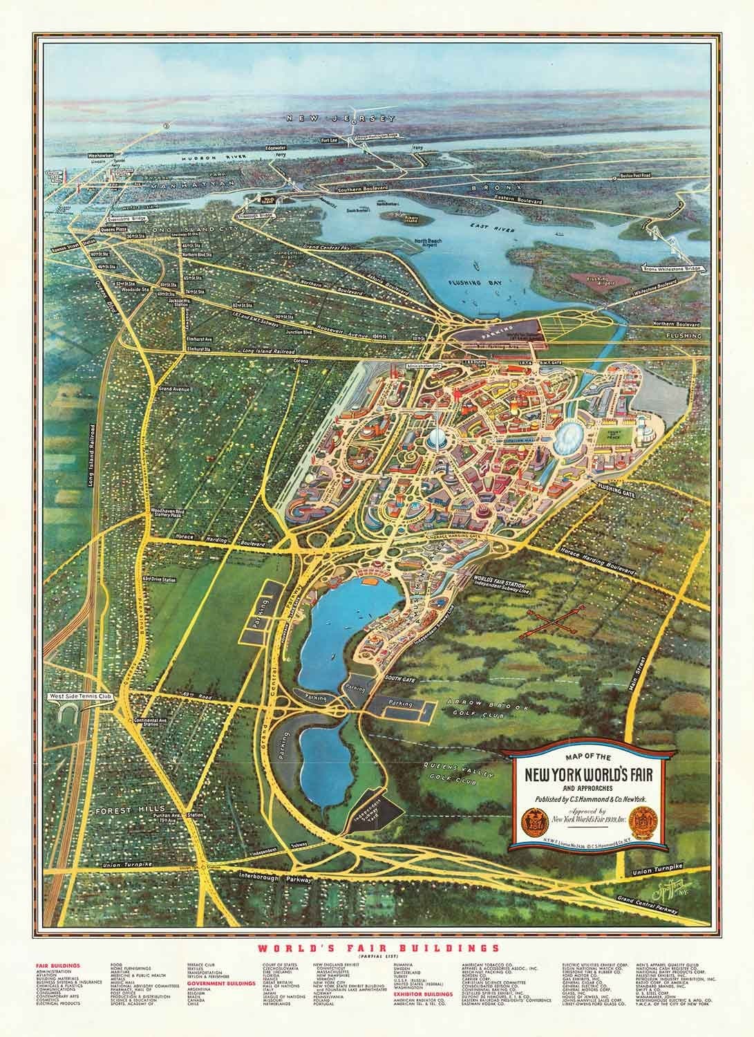 Feria Mundial de Nueva York, 1939 por Spofford - Antiguo mapa pictórico de Manhattan, Nueva Jersey, metro, ferrocarril, Flushing Meadows