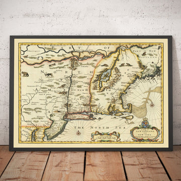 Antiguo mapa de Nueva York y Nueva Inglaterra, 1676 por John Speed - Costa Este de EEUU, Nueva Jersey, Massachusetts, Colonias Británicas
