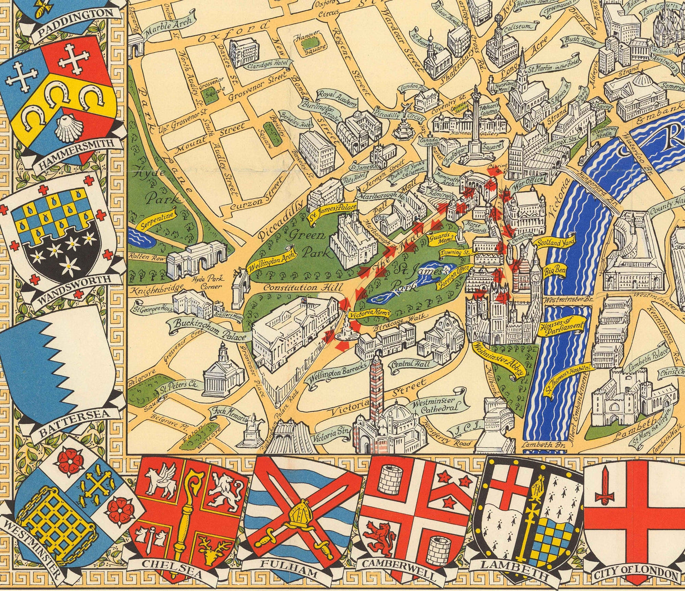 Mapa antiguo de la Boda Real en Londres, 1947 - Emblemas del municipio, Reina Isabel II y Príncipe Felipe, Abadía de Westminster