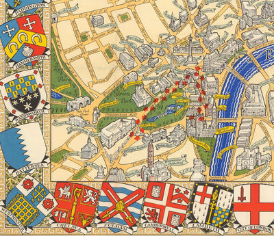 Mapa antiguo de la Boda Real en Londres, 1947 - Emblemas del municipio, Reina Isabel II y Príncipe Felipe, Abadía de Westminster