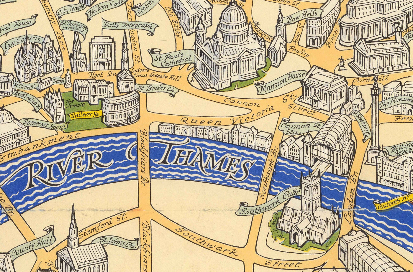 Mapa antiguo de la Boda Real en Londres, 1947 - Emblemas del municipio, Reina Isabel II y Príncipe Felipe, Abadía de Westminster