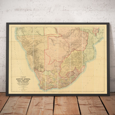 Antiguo mapa de Sudáfrica y África Central 1899 - Imperio Británico y Guerras Bóer, Ciudad del Cabo, Mozambique, Botsuana,