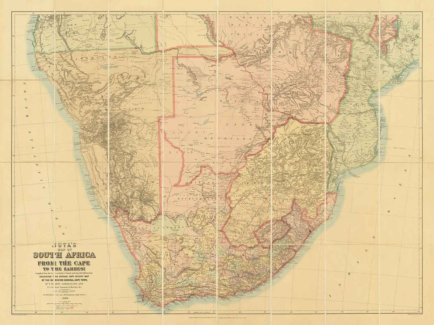 Antiguo mapa de Sudáfrica y África Central 1899 - Imperio Británico y Guerras Bóer, Ciudad del Cabo, Mozambique, Botsuana,