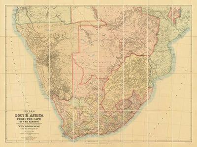 Antiguo mapa de Sudáfrica y África Central 1899 - Imperio Británico y Guerras Bóer, Ciudad del Cabo, Mozambique, Botsuana,