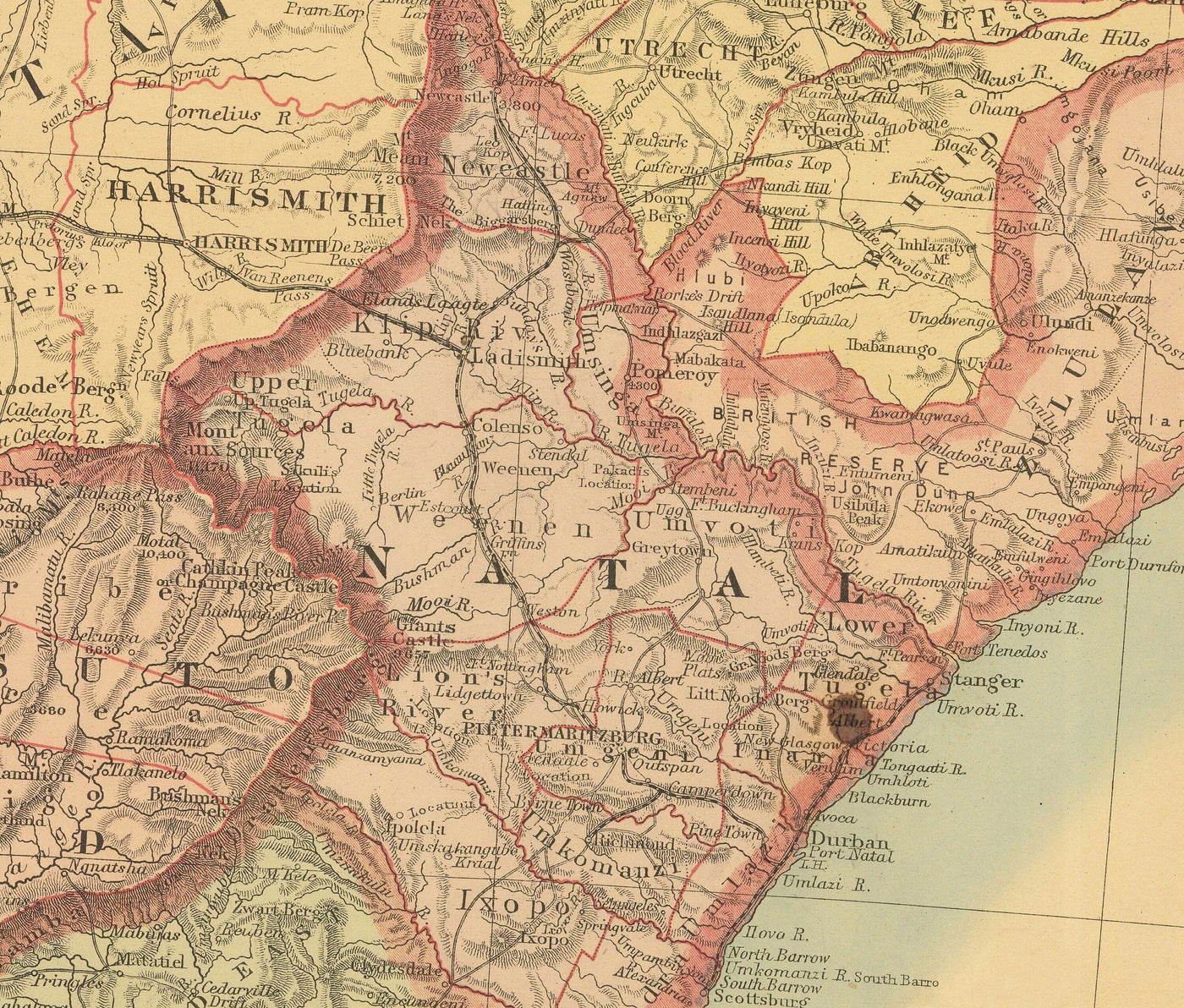 Antiguo mapa de Sudáfrica y África Central 1899 - Imperio Británico y Guerras Bóer, Ciudad del Cabo, Mozambique, Botsuana,