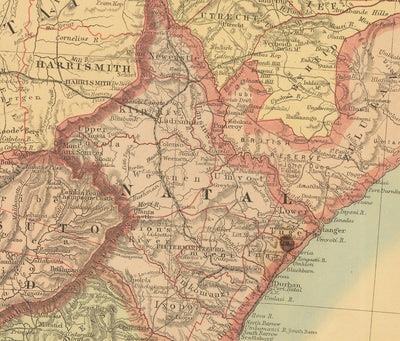 Antiguo mapa de Sudáfrica y África Central 1899 - Imperio Británico y Guerras Bóer, Ciudad del Cabo, Mozambique, Botsuana,