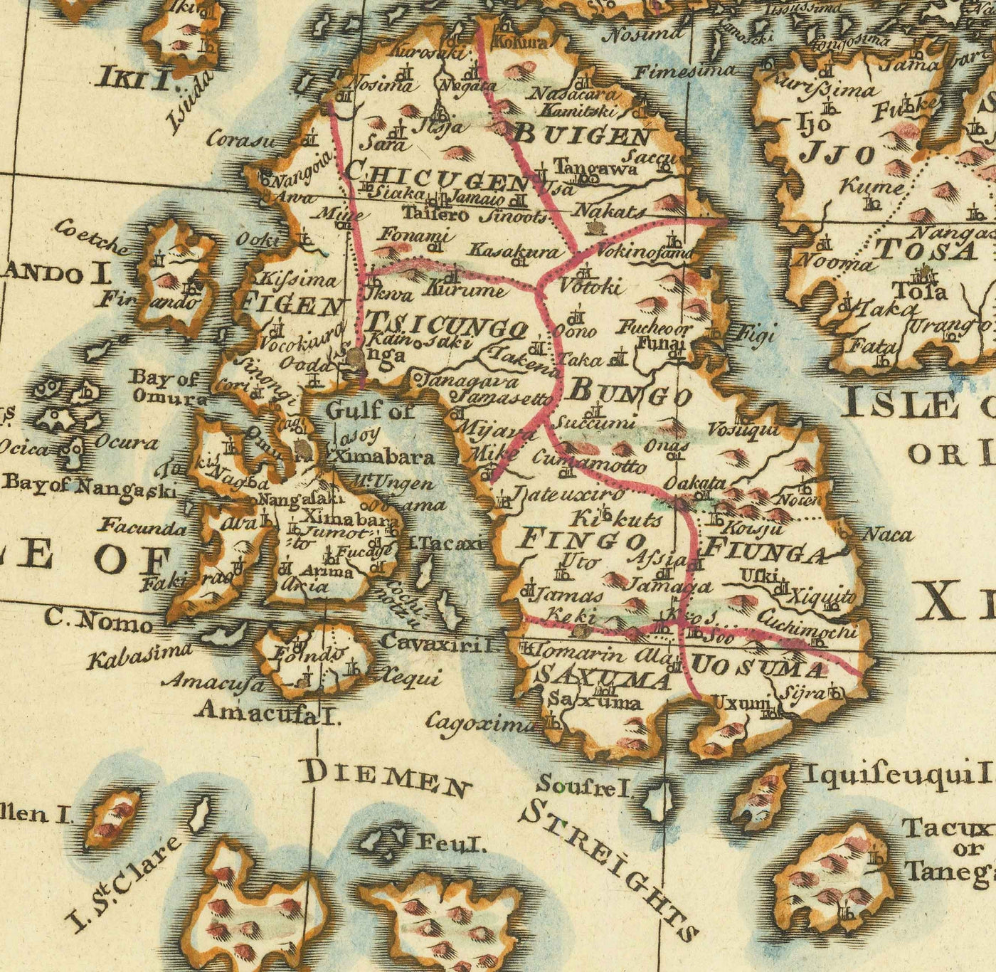 Antiguo mapa de Japón realizado por Bowen en 1744 - Tokio, Kioto, Osaka, Honshu, Shikoku, Kyushu, Kamchatka, Asia Oriental