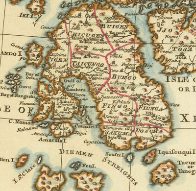 Antiguo mapa de Japón realizado por Bowen en 1744 - Tokio, Kioto, Osaka, Honshu, Shikoku, Kyushu, Kamchatka, Asia Oriental