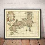 Ancienne carte du Japon par Bowen en 1744 - Tokyo, Kyoto, Osaka, Honshu, Shikoku, Kyushu, Kamchatka, Asie de l'Est orientale
