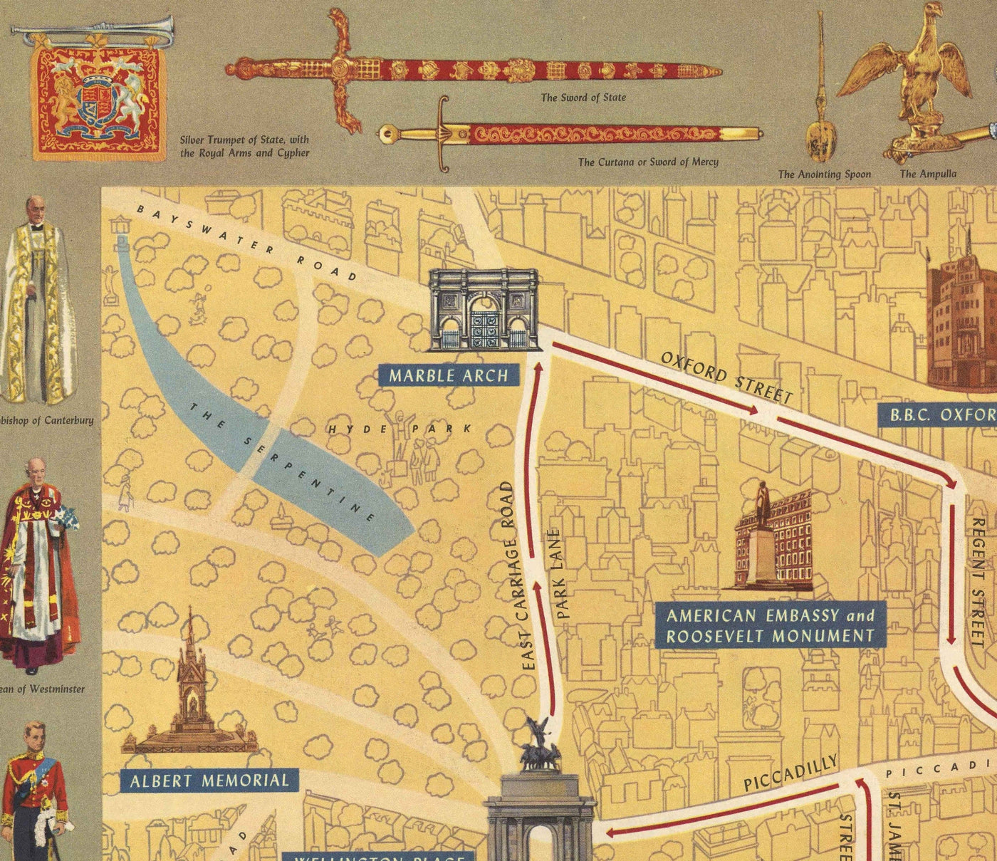 Alter bildlicher Plan der Krönung der Königin in London, 1953 von Crosley - HM Elizabeth II, Royal Familie, Westminster 