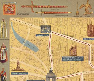 Alter bildlicher Plan der Krönung der Königin in London, 1953 von Crosley - HM Elizabeth II, Royal Familie, Westminster 