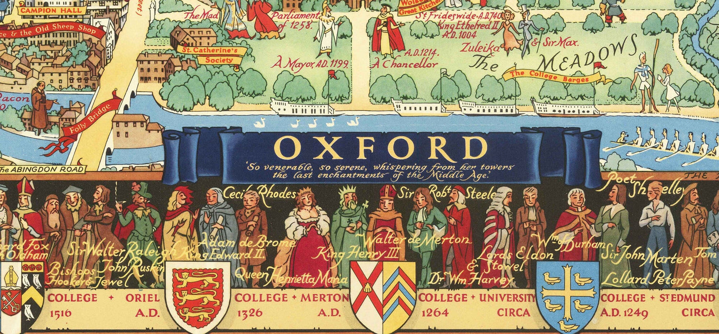 Old Pictorial Map of Oxford by Kerry Lee, 1948 - Pictorial University Colleges, Landmarks - St Catherine's, Keble, All Souls