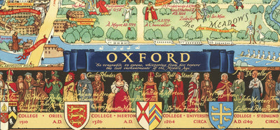 Old Pictorial Map of Oxford by Kerry Lee, 1948 - Pictorial University Colleges, Landmarks - St Catherine's, Keble, All Souls