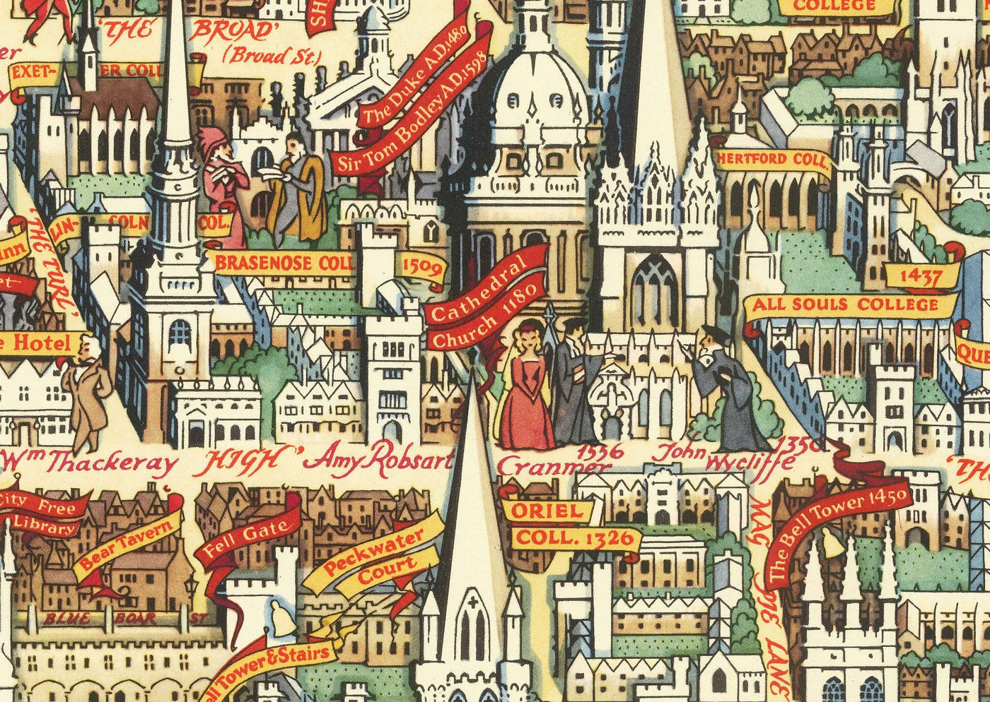 Old Pictorial Map of Oxford by Kerry Lee, 1948 - Pictorial University Colleges, Landmarks - St Catherine's, Keble, All Souls
