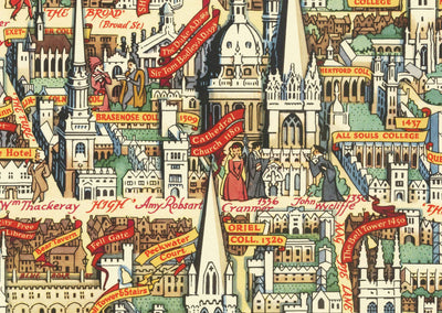 Old Pictorial Map of Oxford by Kerry Lee, 1948 - Pictorial University Colleges, Landmarks - St Catherine's, Keble, All Souls