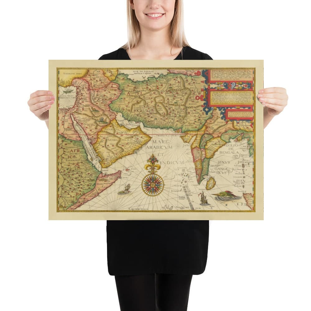 Mapa antiguo de Oriente Medio y Asia, 1596 por Linschoten - India, Irán, Afganistán, Pakistán, Persia, Arabia, Bangladesh