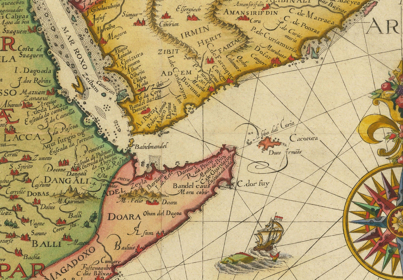 Mapa antiguo de Oriente Medio y Asia, 1596 por Linschoten - India, Irán, Afganistán, Pakistán, Persia, Arabia, Bangladesh