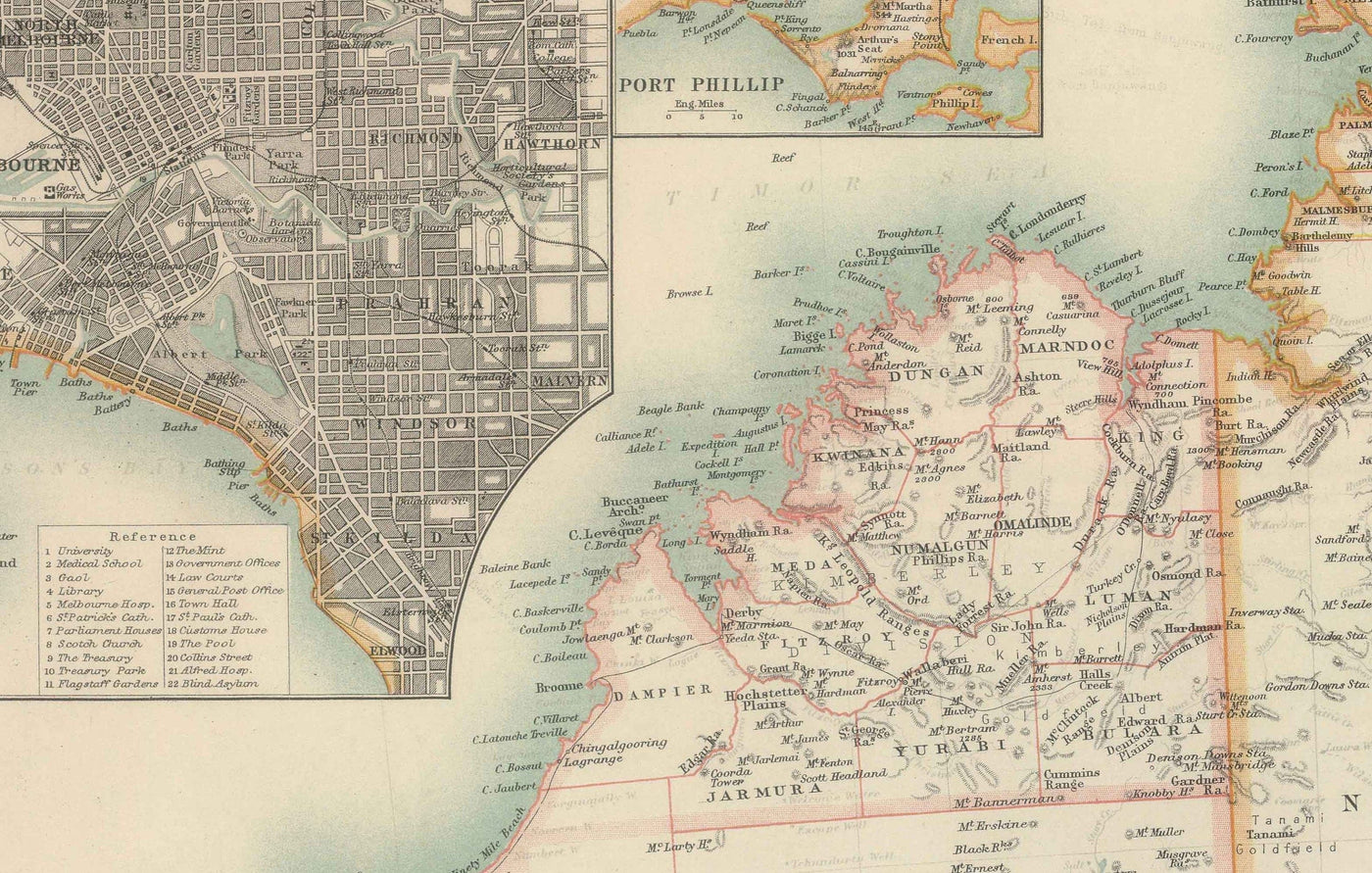 Ancienne carte d'Australie, 1911 par Johnston - NSW, Sydney, Queensland, Brisbane, Melbourne, Adelaide, Perth, Hobart
