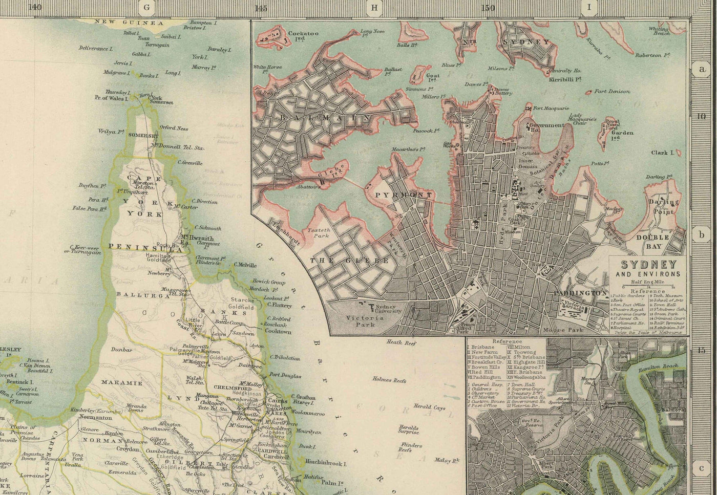 Ancienne carte d'Australie, 1911 par Johnston - NSW, Sydney, Queensland, Brisbane, Melbourne, Adelaide, Perth, Hobart