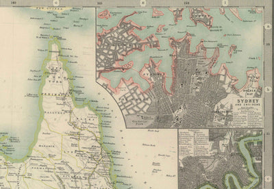 Ancienne carte d'Australie, 1911 par Johnston - NSW, Sydney, Queensland, Brisbane, Melbourne, Adelaide, Perth, Hobart