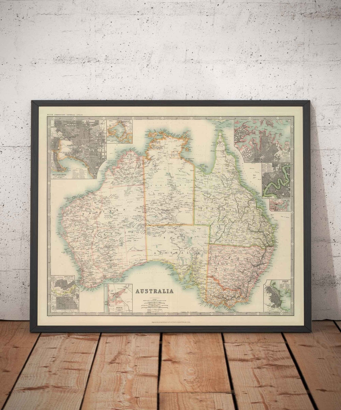 Ancienne carte d'Australie, 1911 par Johnston - NSW, Sydney, Queensland, Brisbane, Melbourne, Adelaide, Perth, Hobart