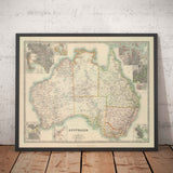 Alte Karte von Australien, 1911 von Johnston - NSW, Sydney, Queensland, Brisbane, Melbourne, Adelaide, Perth, Hobart 