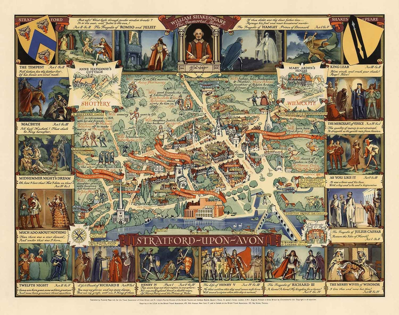 Old Pictorial Map of Stratford Upon Avon, 1948 by Kerry Lee - Shakespeare, Theatre, Plays, Nash's House, Poet's Landmarks
