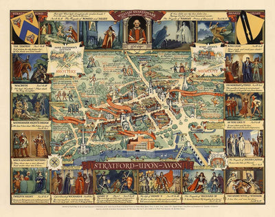 Old Pictorial Map of Stratford Upon Avon, 1948 by Kerry Lee - Shakespeare, Theatre, Plays, Nash's House, Poet's Landmarks