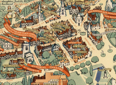 Old Pictorial Map of Stratford Upon Avon, 1948 by Kerry Lee - Shakespeare, Theatre, Plays, Nash's House, Poet's Landmarks