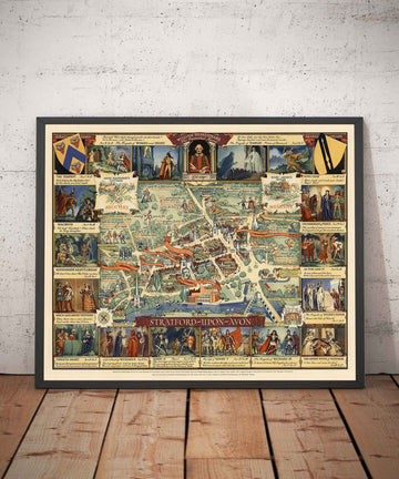 Ancienne carte picturale de Stratford Upon Avon, 1948 par Kerry Lee - Shakespeare, théâtre, pièces, maison de Nash, points de repère du poète