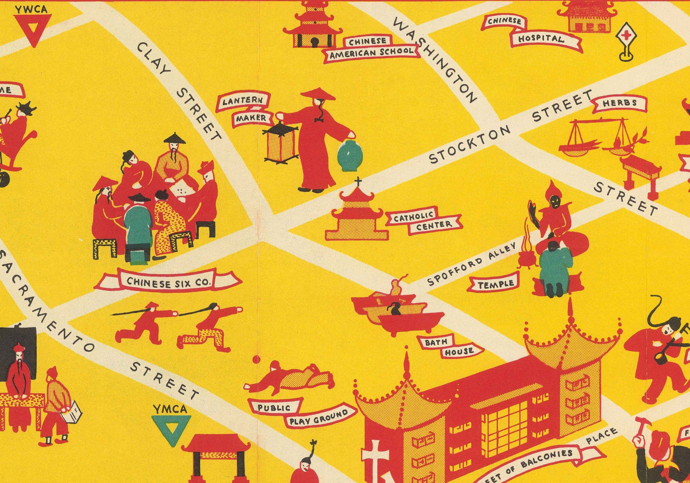 Alte Karte von Chinatown in San Francisco, 1939 - Grant Avenue, Stockton, Clay, Washington Street, St. Mary's Square 