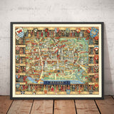 Antiguo mapa pictórico de Oxford por Kerry Lee, 1948 - Pictorial University Colleges, Landmarks - St Catherine's, Keble, All Souls