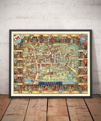 Old Pictorial Map of Oxford by Kerry Lee, 1948 - Pictorial University Colleges, Landmarks - St Catherine's, Keble, All Souls