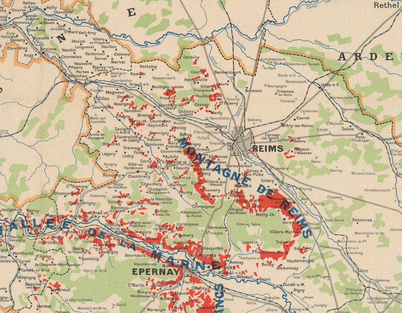 Old Champagne Vineyard Map, France, 1944 by Louis Larmat - Reims, Epernay, Troyes, Chatau-Thierry, Bar-Sur-Seine