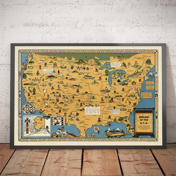 Viejo mapa de los nativos americanos, 1944 - Indios de Estados Unidos: ubicaciones históricas de la tribu de Navajo, Cherokee, Chippewa, Sioux, Choctaw, Apache y más
