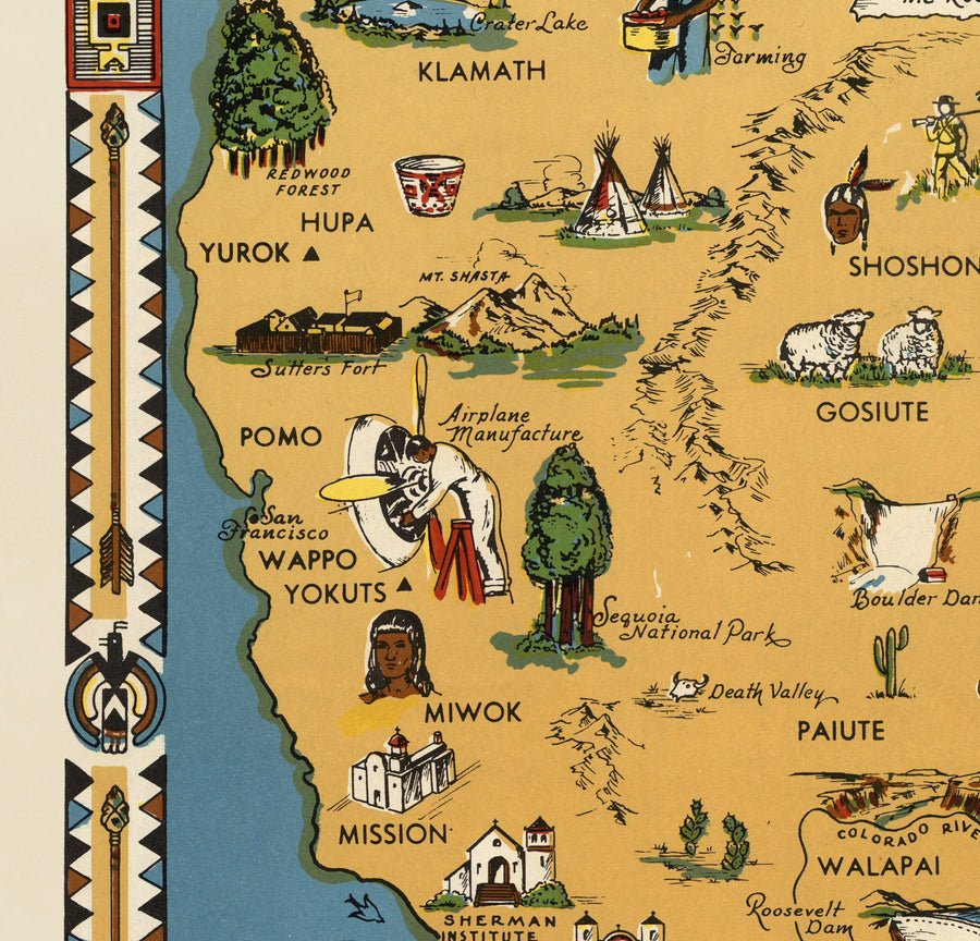 Mappa antica dei nativi americani, 1944 - Indiani degli USA: Localizzazione storica delle tribù Navajo, Cherokee, Chippewa, Sioux, Choctaw, Apache e altro 