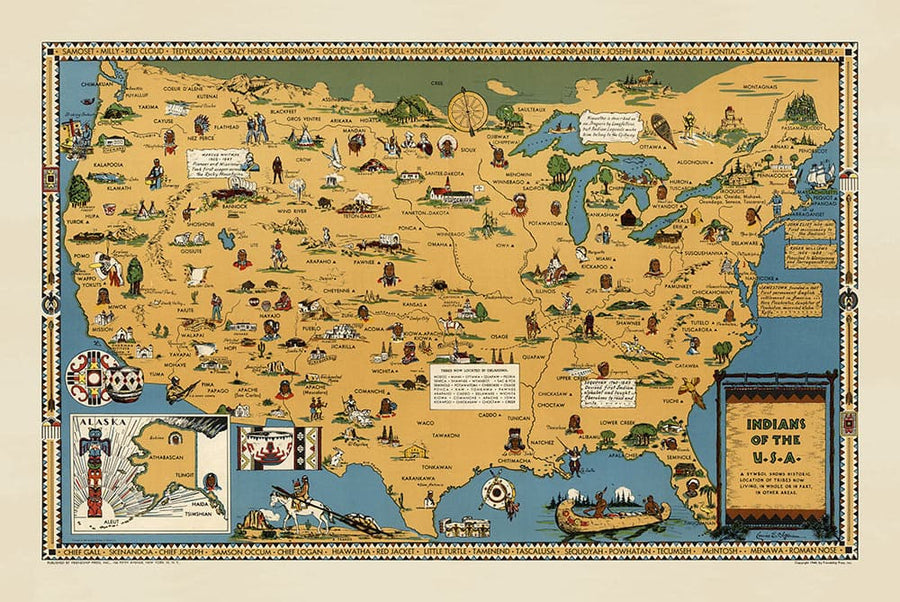 Mappa antica dei nativi americani, 1944 - Indiani degli USA: Localizzazione storica delle tribù Navajo, Cherokee, Chippewa, Sioux, Choctaw, Apache e altro 
