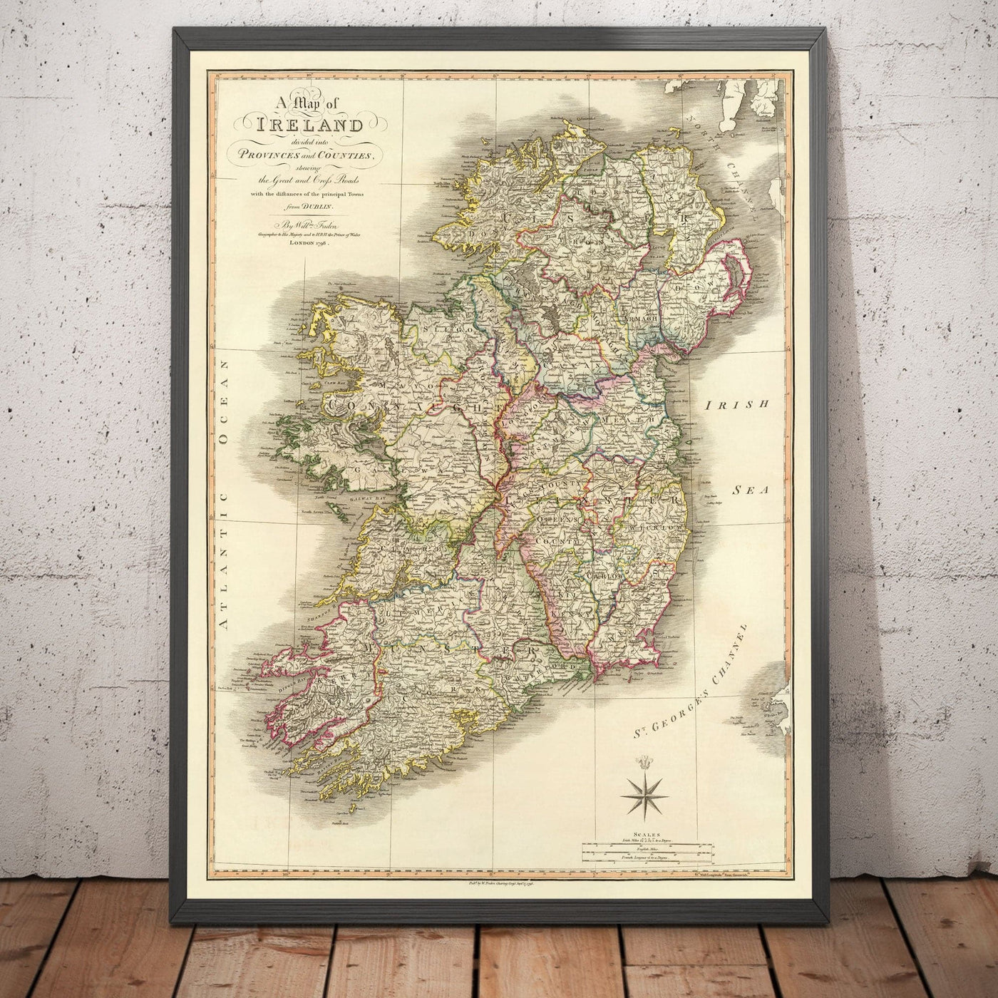 Ancienne Carte d'Irlande en 1798 par W. Faden - Rare Couleur Atlas Carte - Dublin, Belfast, Cork