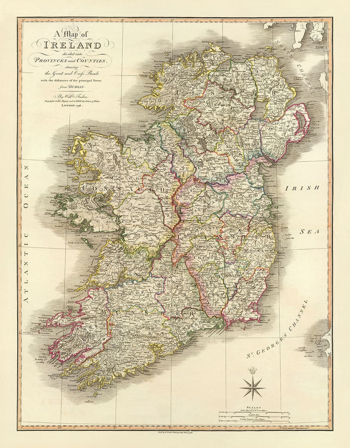 Ancienne Carte d'Irlande en 1798 par W. Faden - Rare Couleur Atlas Carte - Dublin, Belfast, Cork