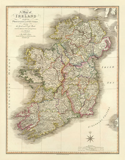 Ancienne Carte d'Irlande en 1798 par W. Faden - Rare Couleur Atlas Carte - Dublin, Belfast, Cork
