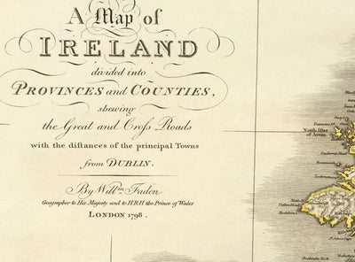 Ancienne Carte d'Irlande en 1798 par W. Faden - Rare Couleur Atlas Carte - Dublin, Belfast, Cork