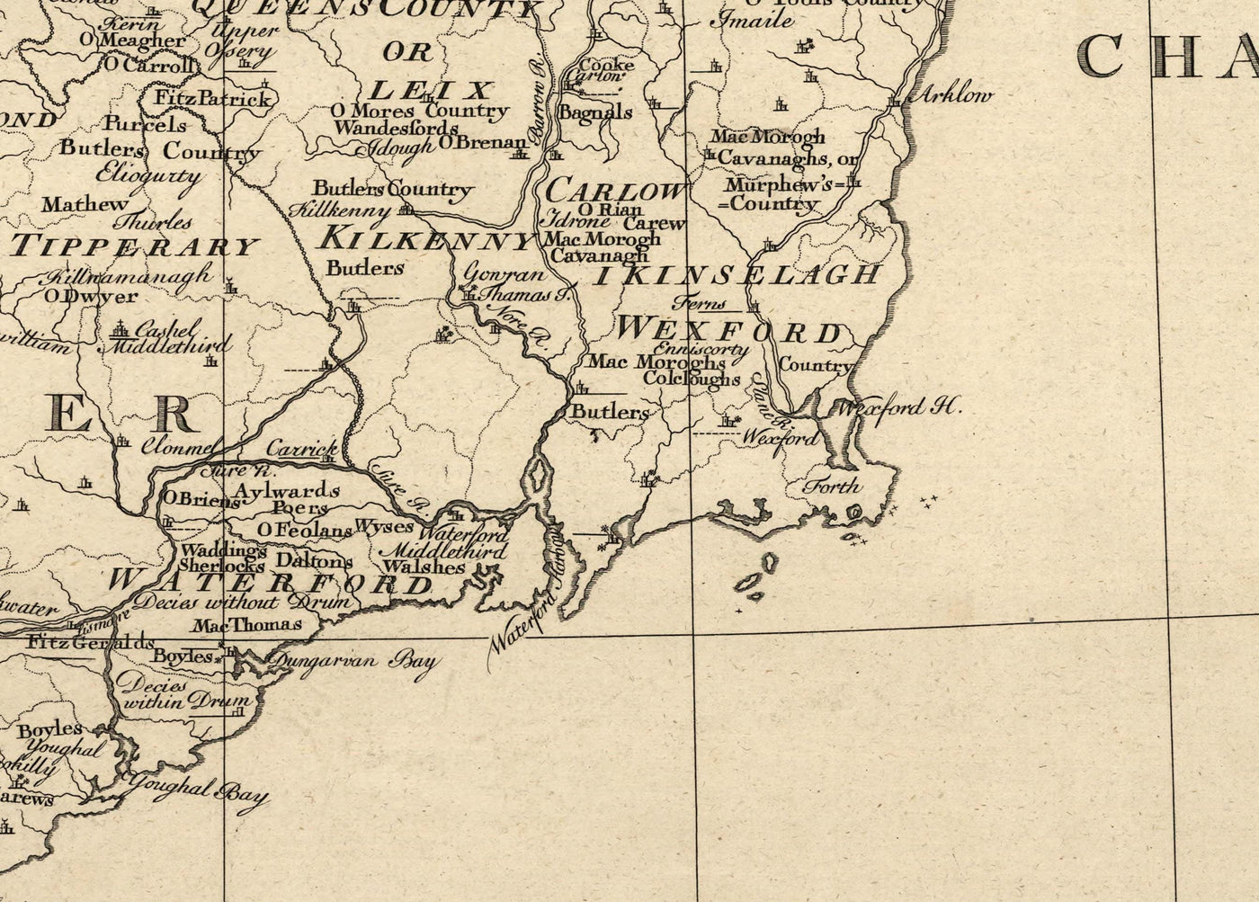 Ancienne carte d'Irlande Noms de famille, 1795 - O'Neill, O'Brien, O'Leary, O'Sullivan, O'Conor, O'Flaherty, O'Dowd, etc.
