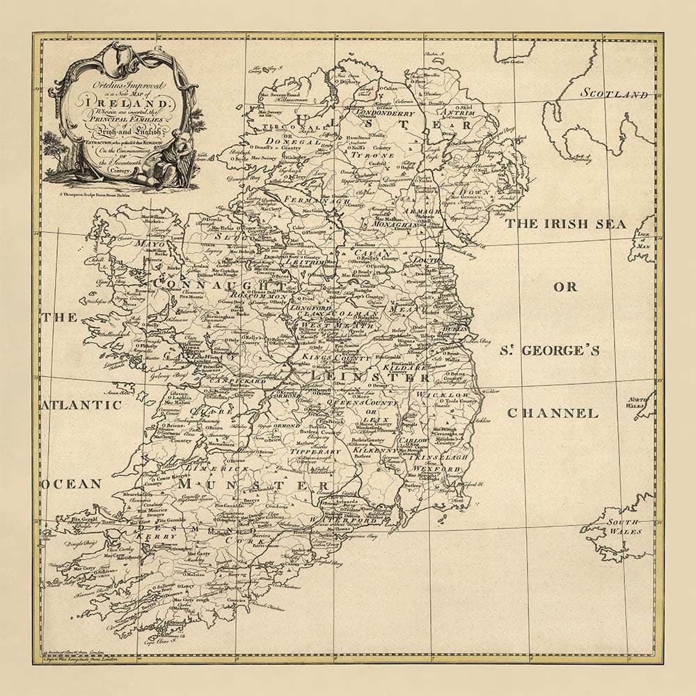 Ancienne carte d'Irlande Noms de famille, 1795 - O'Neill, O'Brien, O'Leary, O'Sullivan, O'Conor, O'Flaherty, O'Dowd, etc.
