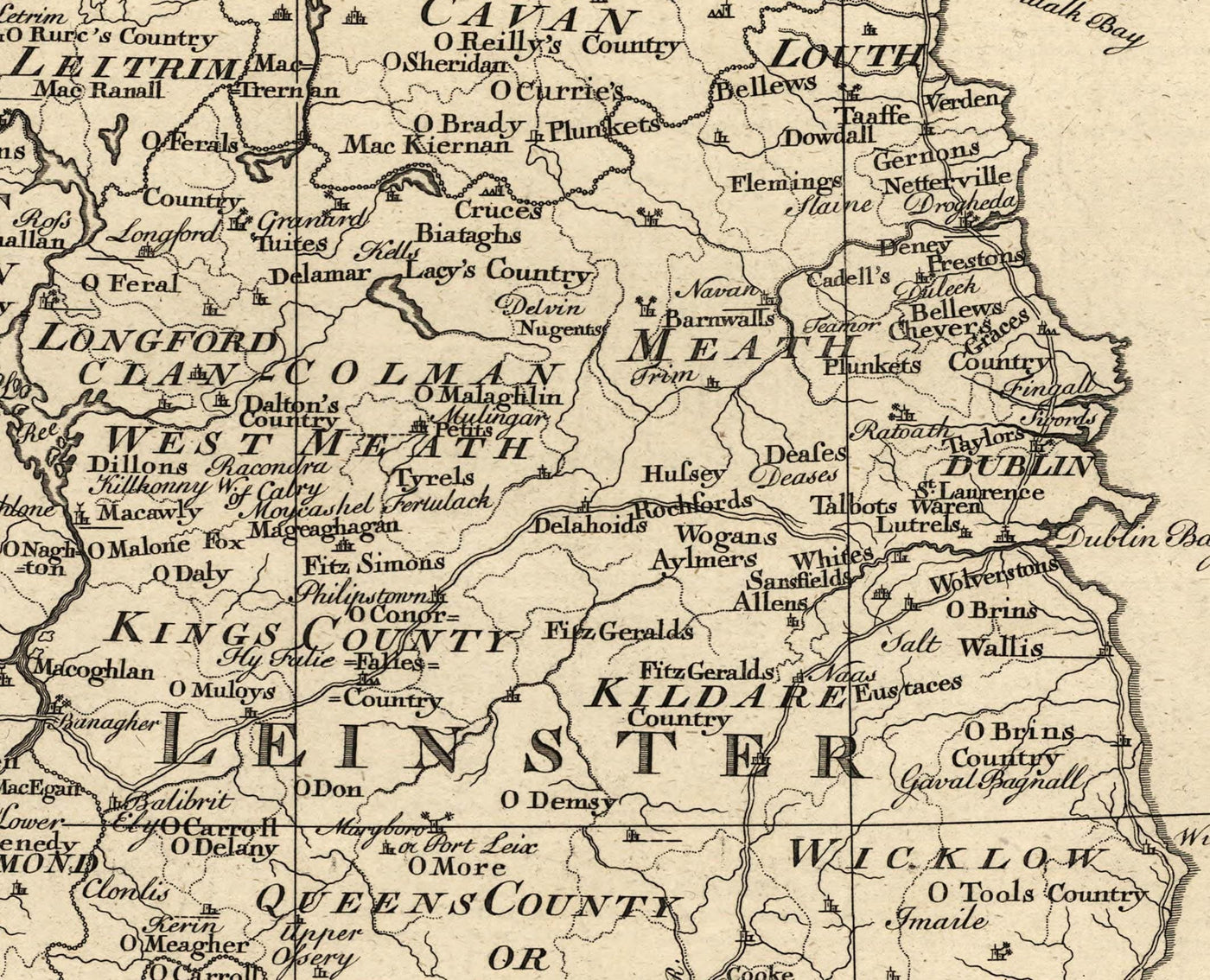 Ancienne carte d'Irlande Noms de famille, 1795 - O'Neill, O'Brien, O'Leary, O'Sullivan, O'Conor, O'Flaherty, O'Dowd, etc.