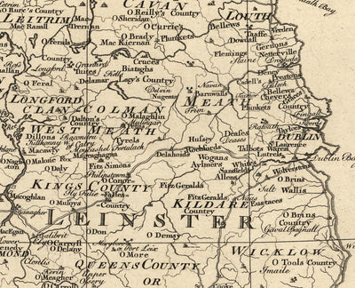 Ancienne carte d'Irlande Noms de famille, 1795 - O'Neill, O'Brien, O'Leary, O'Sullivan, O'Conor, O'Flaherty, O'Dowd, etc.