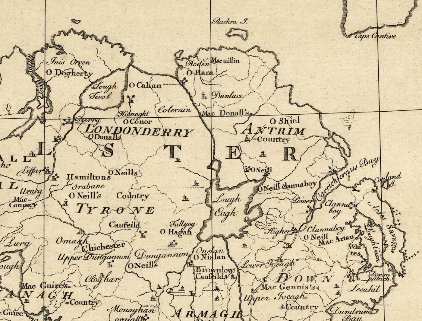 Ancienne carte d'Irlande Noms de famille, 1795 - O'Neill, O'Brien, O'Leary, O'Sullivan, O'Conor, O'Flaherty, O'Dowd, etc.