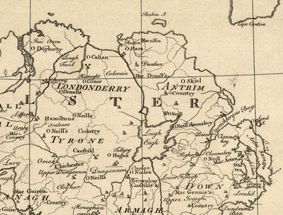 Ancienne carte d'Irlande Noms de famille, 1795 - O'Neill, O'Brien, O'Leary, O'Sullivan, O'Conor, O'Flaherty, O'Dowd, etc.