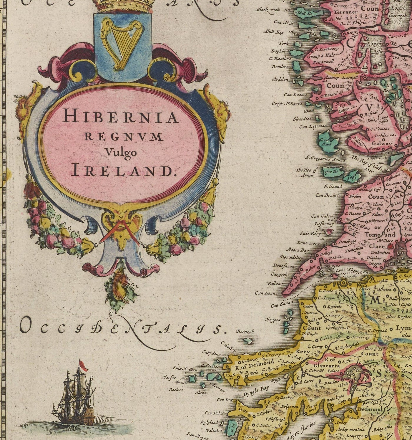 Mapa antiguo de Irlanda, Hibernia en 1654 por Joan Blaeu del Teatro Orbis Terrarum Sive Atlas Novus - Islas Británicas